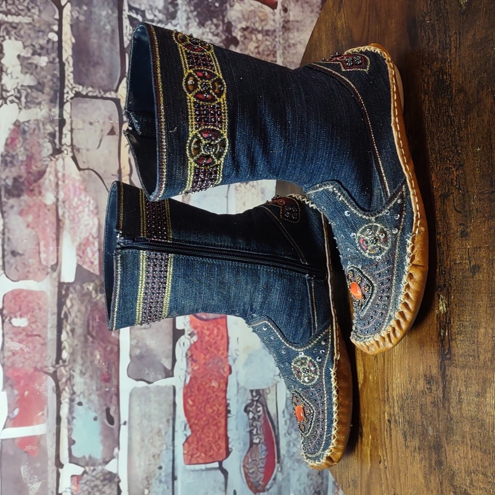 Bamboo Embellished Denim Moccasin Style Ankle Boots - Picture 5 of 16